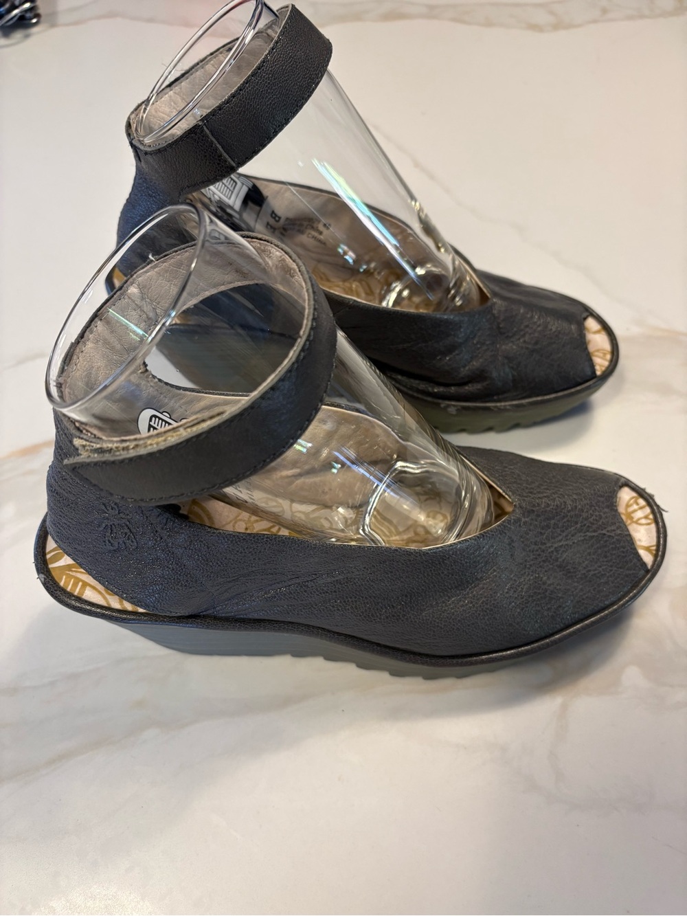 Fly London leather peep tow wedge sandals- Pewter Gray size 40